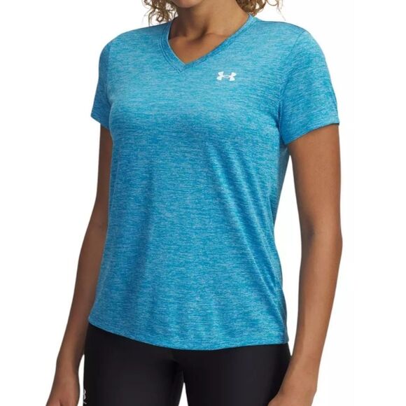Under Armour Women's UA Tech Twist T-Shirt V-Neck SpaceDye Blue Loose Activewear - Picture 2 of 8